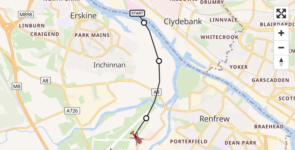 Flight route Air Ambulance Helicopter Golden Jubilee Hospital - Glasgow Airport, 25 May 2026, 06:45