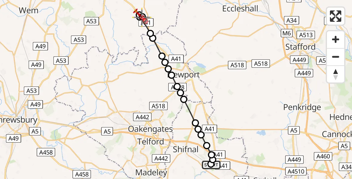 Flight route Air Ambulance Helicopter RAF Cosford - Child's Ercall, 25 May 2026, 07:00