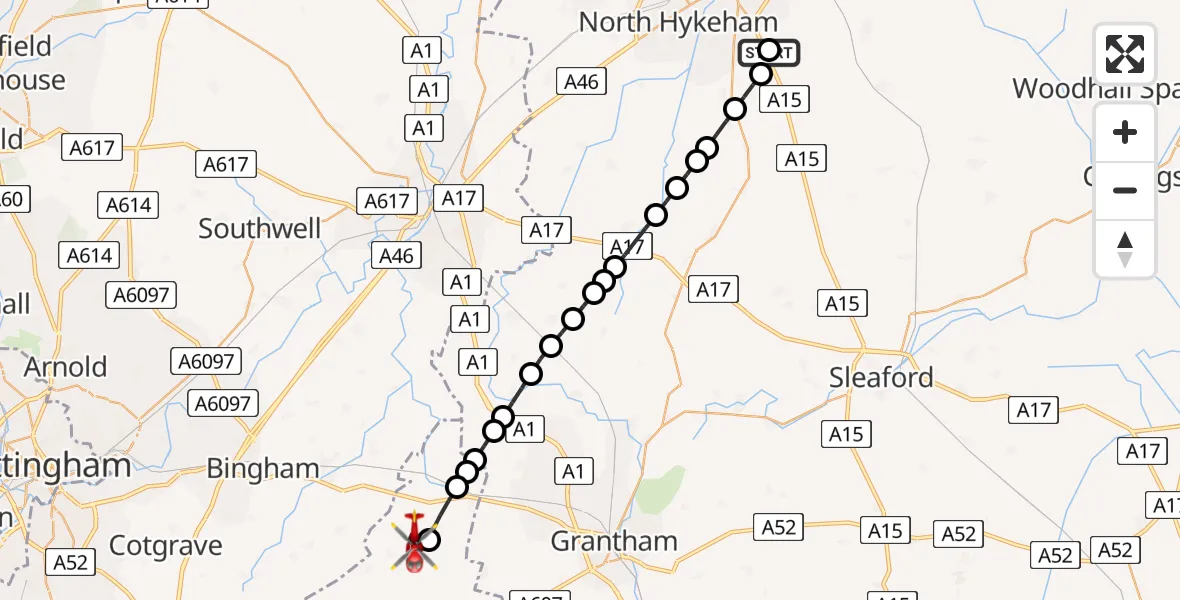 Flight route Air Ambulance Helicopter RAF Waddington - Redmile, 25 May 2026, 07:13