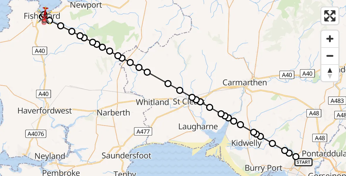 Flight route Air Ambulance Helicopter Dafen - Fishguard, 25 May 2026, 07:26