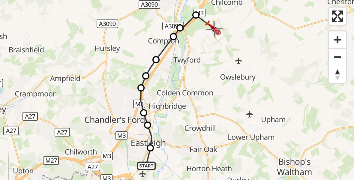 Flight route Air Ambulance Helicopter Southampton Airport - Winchester, 25 May 2026, 07:30
