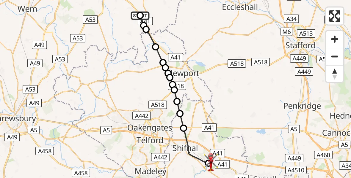 Flight route Air Ambulance Helicopter Child's Ercall - Tong, 25 May 2026, 07:44