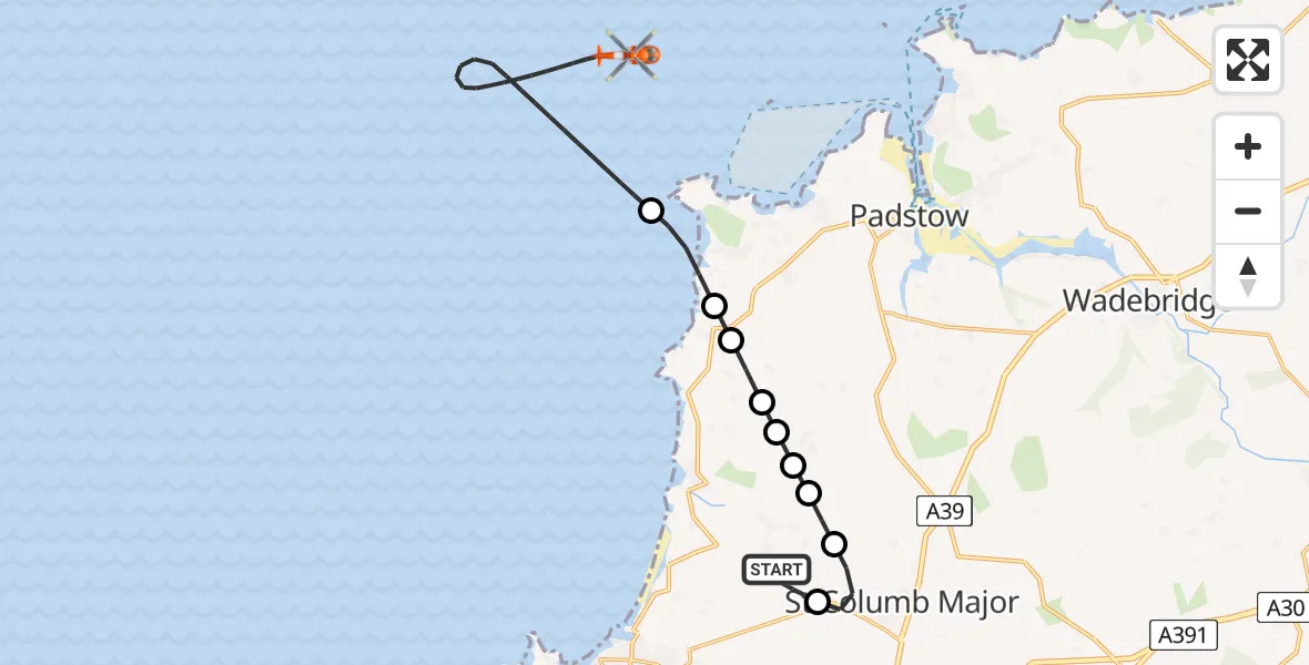 Flight route Coastguard Helicopter Cornwall Airport Newquay - Bristol Channel, 25 May 2026, 07:49