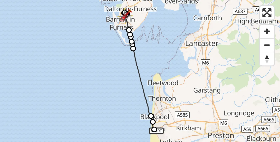 Flight route Air Ambulance Helicopter Blackpool Airport - Barrow-in-Furness, 25 May 2026, 08:05