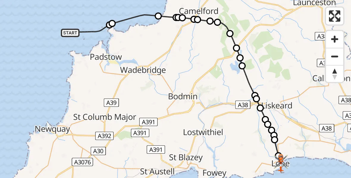 Flight route Coastguard Helicopter Bristol Channel - Looe, 25 May 2026, 08:22