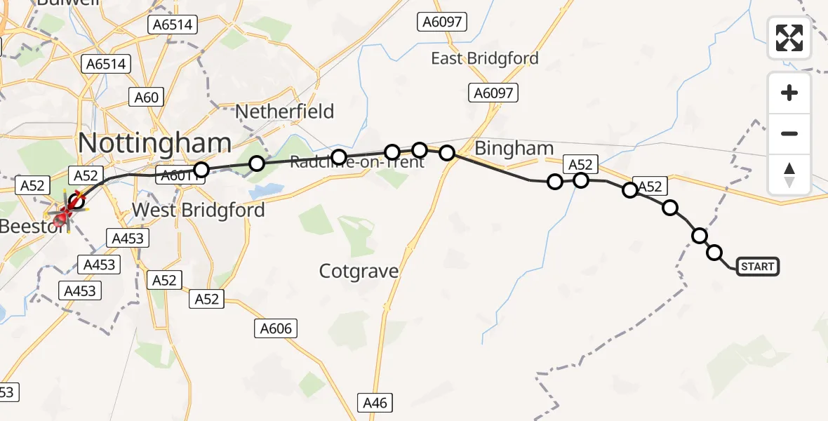 Flight route Air Ambulance Helicopter Redmile - Beeston, 25 May 2026, 08:26