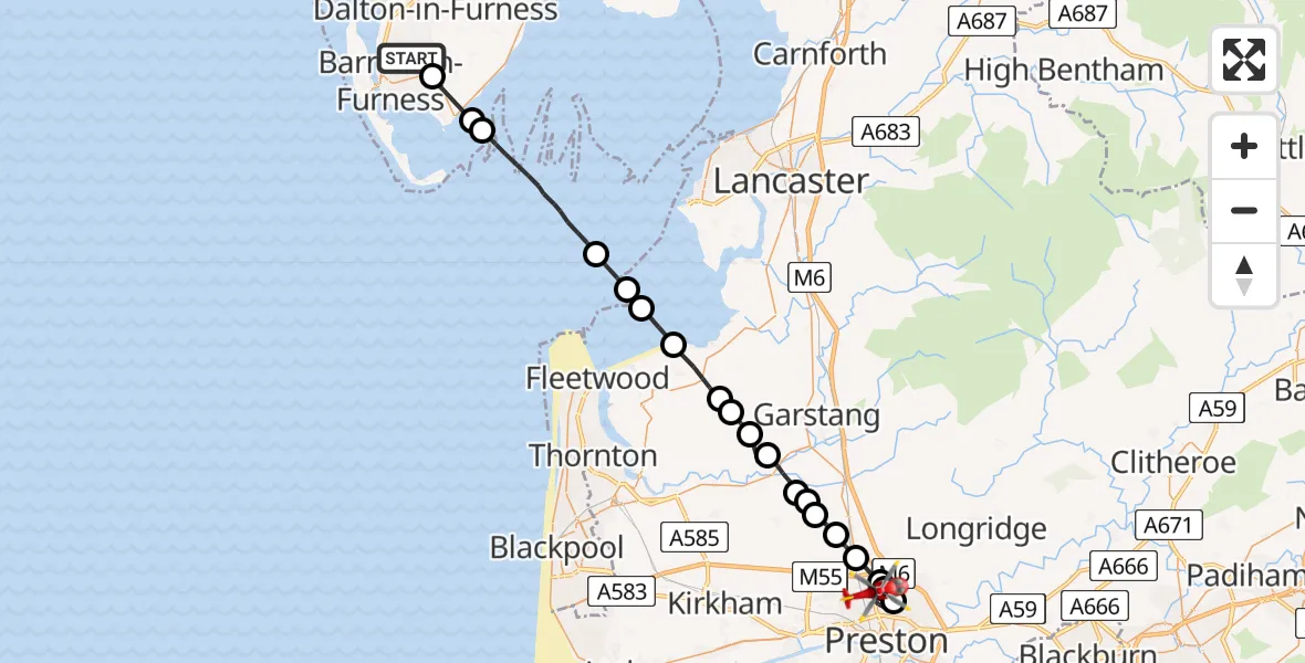 Flight route Air Ambulance Helicopter Barrow-in-Furness - Preston, 25 May 2026, 08:45