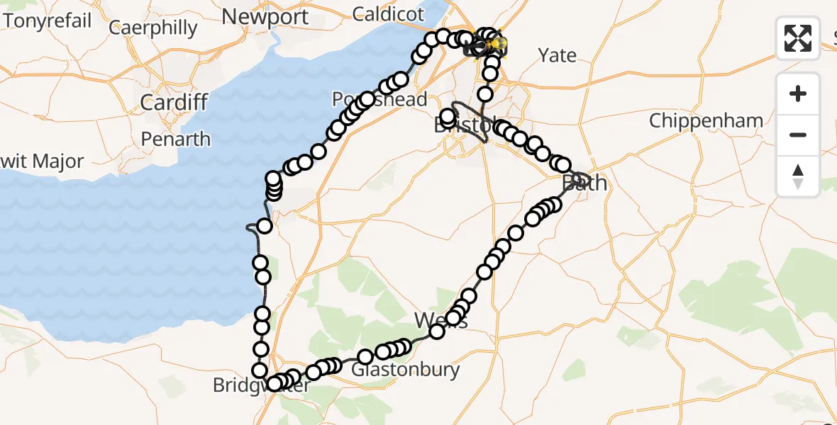 Flight route Police Helicopter Almondsbury Helicopter Base - Almondsbury Helicopter Base, 25 May 2026, 08:46