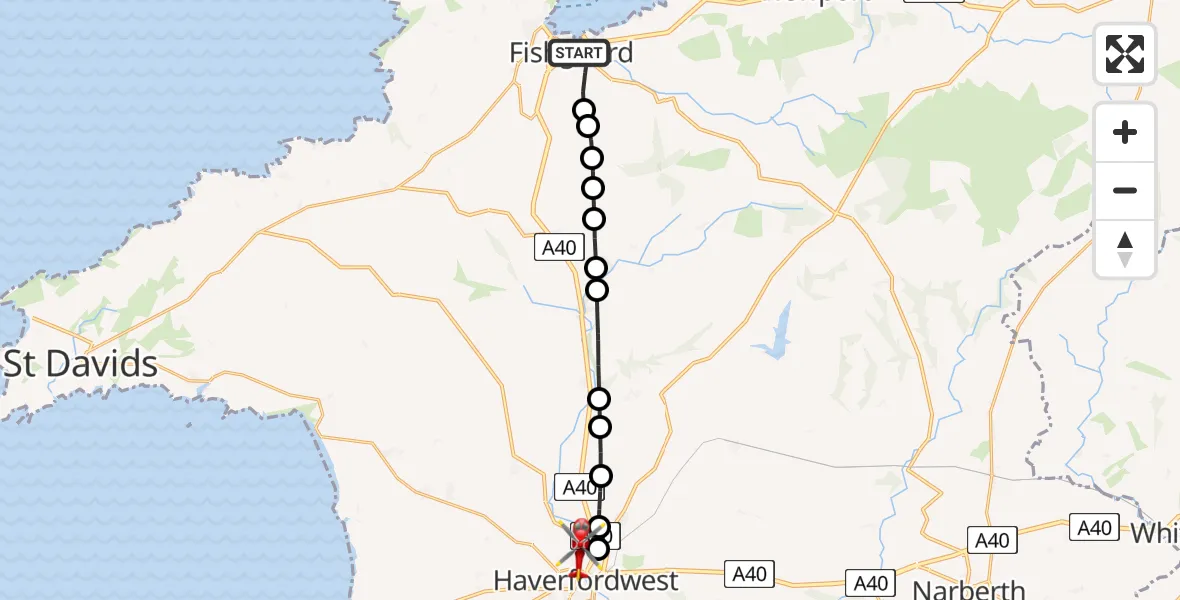 Flight route Air Ambulance Helicopter Fishguard - Haverfordwest, 25 May 2026, 09:00
