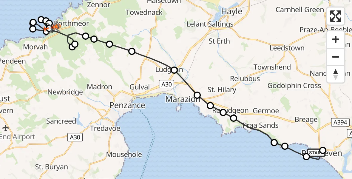 Flight route Coastguard Helicopter Ashton - Porthmeor, 25 May 2026, 09:15