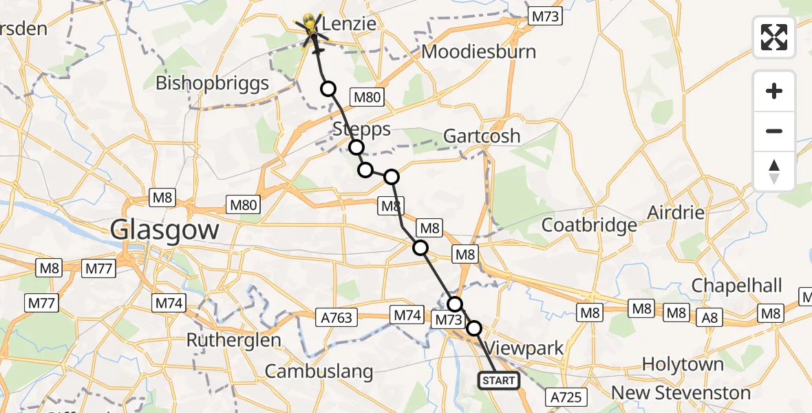 Flight route Police Helicopter Uddingston - Lenzie, 25 May 2026, 09:17