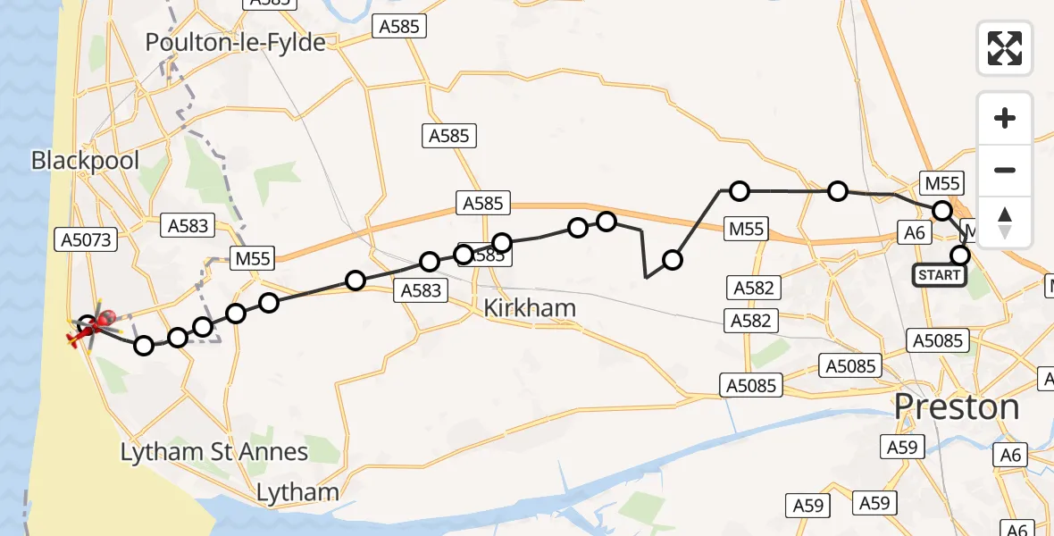 Flight route Air Ambulance Helicopter Royal Preston - Squires Gate, 25 May 2026, 09:25