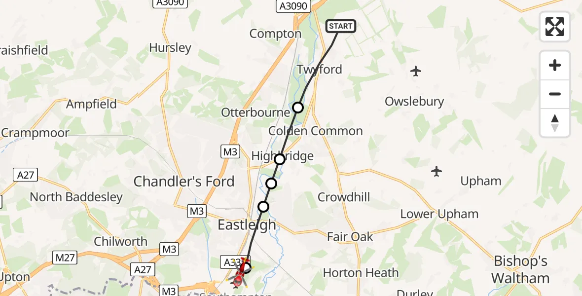 Flight route Air Ambulance Helicopter Twyford - Southampton Airport, 25 May 2026, 09:26