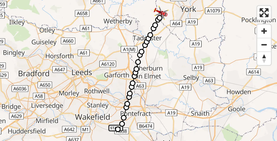 Flight route Air Ambulance Helicopter YAA Nostell Helicopter Port - Rufforth, 25 May 2026, 09:28