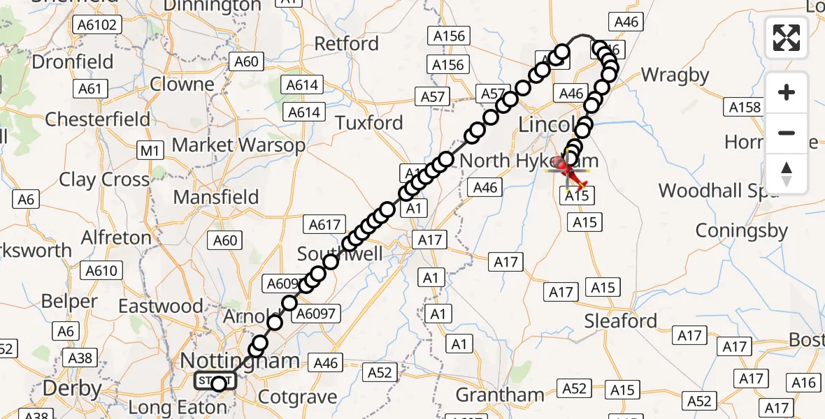 Flight route Air Ambulance Helicopter Beeston - North Kesteven, 25 May 2026, 09:34