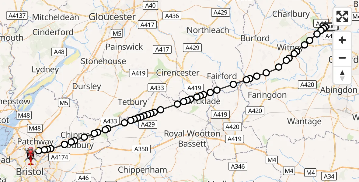 Flight route Air Ambulance Helicopter London Oxford Airport - Bristol, 25 May 2026, 09:35
