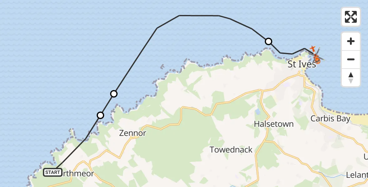 Flight route Coastguard Helicopter Porthmeor - St. Ives, 25 May 2026, 09:37