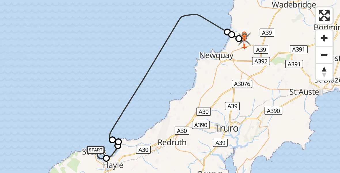 Flight route Coastguard Helicopter St. Ives - Cornwall Airport Newquay, 25 May 2026, 09:42