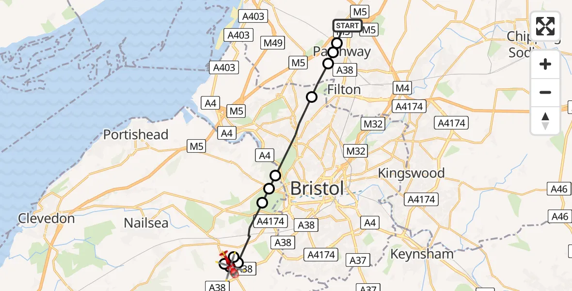 Flight route Air Ambulance Helicopter Almondsbury - Barrow Gurney, 25 May 2026, 09:50