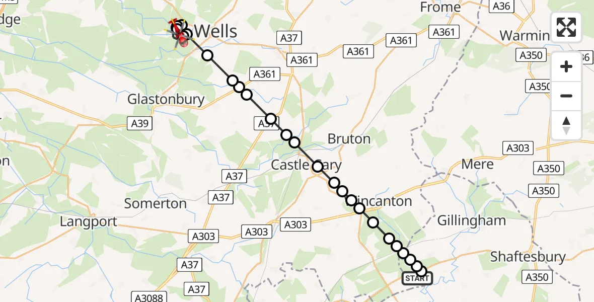 Flight route Air Ambulance Helicopter Henstridge Airfield - Wookey, 25 May 2026, 09:53