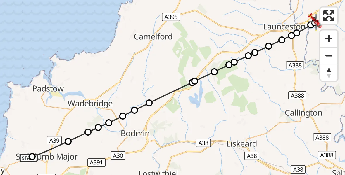 Flight route Air Ambulance Helicopter Cornwall Airport Newquay - Lifton, 25 May 2026, 09:54