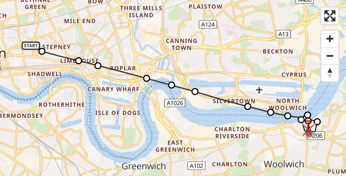 Flight route Air Ambulance Helicopter Royal London Hospital - Thamesmead, 25 May 2026, 09:59