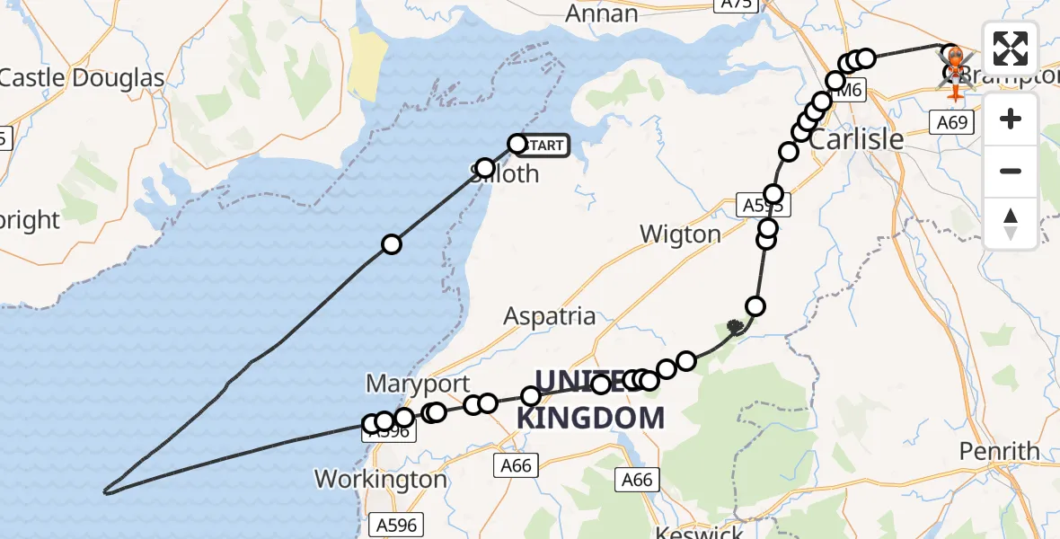 Flight route Coastguard Helicopter LCPs of Holme Abbey, Holme Low and Holme St. Cuthbert - Carlisle Lake District Airport, 25 May 2026, 09:59