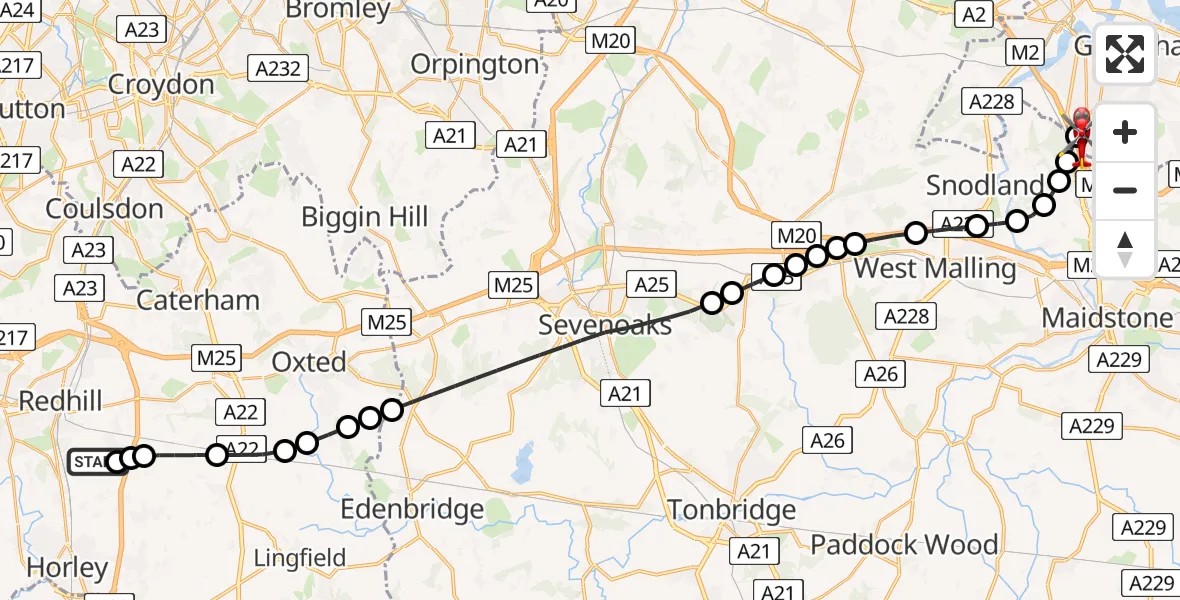 Flight route Air Ambulance Helicopter Redhill Aerodrome - Rochester Airport, 25 May 2026, 10:09