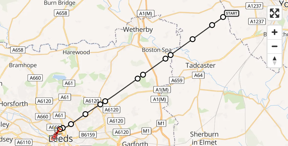 Flight route Air Ambulance Helicopter Rufforth - Woodhouse, 25 May 2026, 10:18