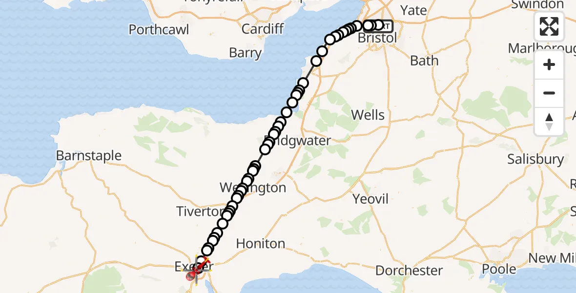 Flight route Air Ambulance Helicopter Southmead Hospital - Royal Devon & Exeter Hospital, 25 May 2026, 10:22