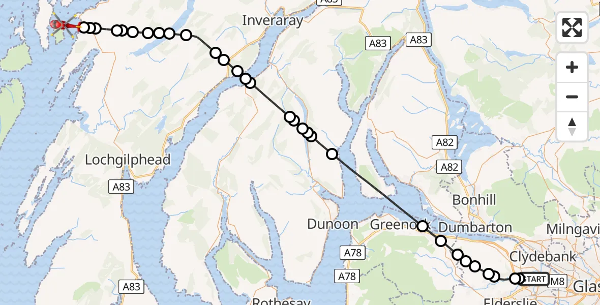 Flight route Air Ambulance Helicopter Glasgow Airport - Inner Seas, 25 May 2026, 10:28