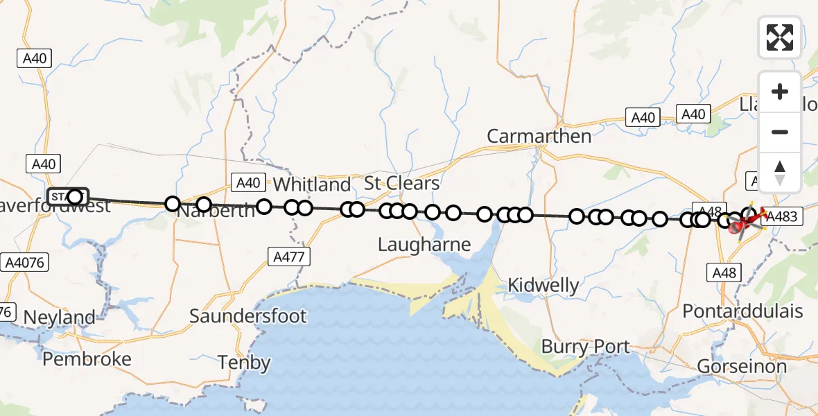 Flight route Air Ambulance Helicopter Haverfordwest - Saron, 25 May 2026, 10:38