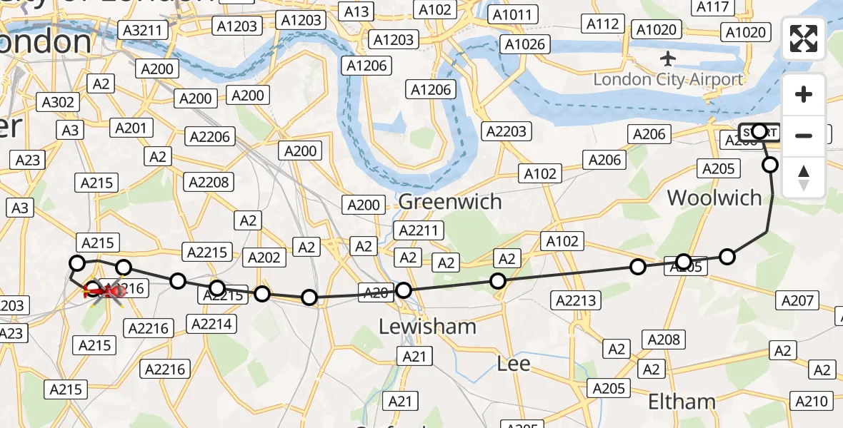Flight route Air Ambulance Helicopter Plumstead - Kings College London Hospital, 25 May 2026, 10:49
