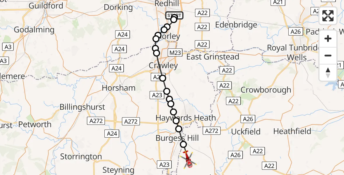Flight route Air Ambulance Helicopter Redhill Aerodrome - Lewes, 25 May 2026, 10:54
