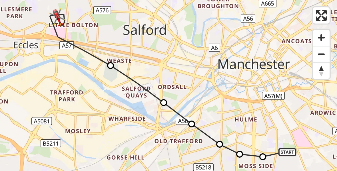 Flight route Air Ambulance Helicopter Chorlton-on-Medlock - Eccles, 25 May 2026, 10:58
