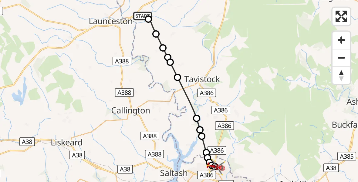 Flight route Air Ambulance Helicopter Lifton - Derriford Hospital, 25 May 2026, 11:00