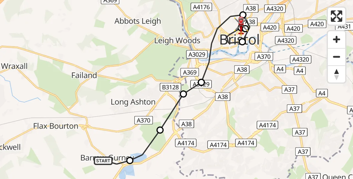 Flight route Air Ambulance Helicopter Bristol - Bristol Royal Infirmary, 25 May 2026, 11:03