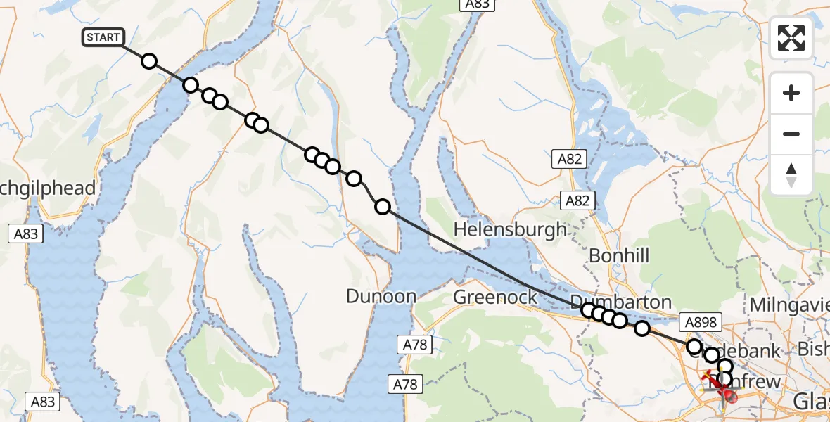 Flight route Air Ambulance Helicopter Argyll and Bute - Glasgow Airport, 25 May 2026, 11:08