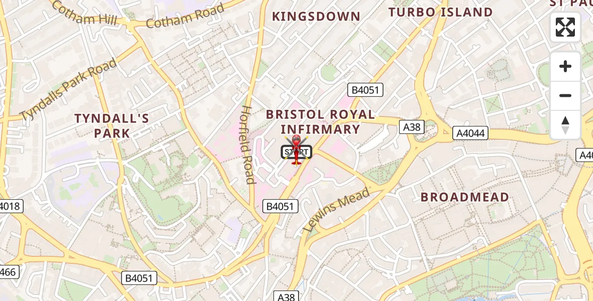 Flight route Air Ambulance Helicopter Bristol Royal Infirmary - Bristol Royal Infirmary, 25 May 2026, 11:11