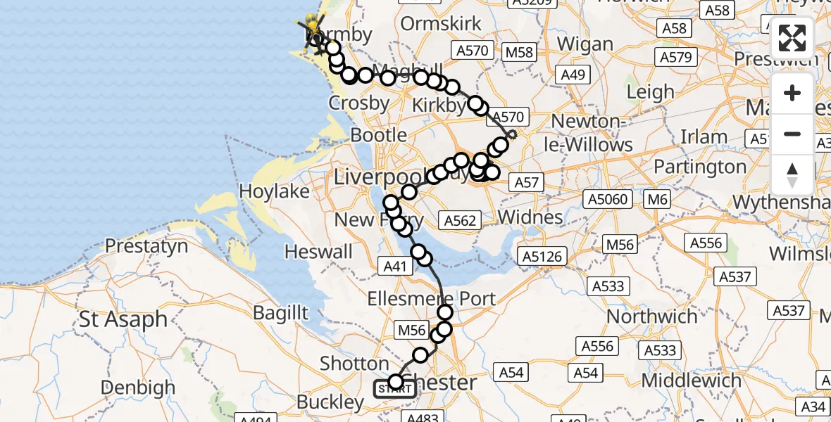 Flight route Police Helicopter Hawarden Airport - Sefton, 25 May 2026, 11:15