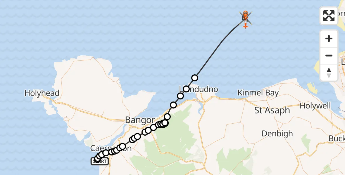 Flight route Coastguard Helicopter Caernarfon Airport - Irish Sea, 25 May 2026, 11:15