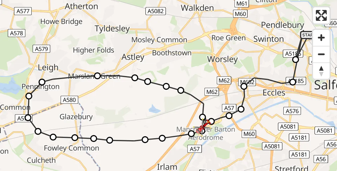 Flight route Air Ambulance Helicopter Pendlebury - Manchester Barton Aerodrome, 25 May 2026, 11:17