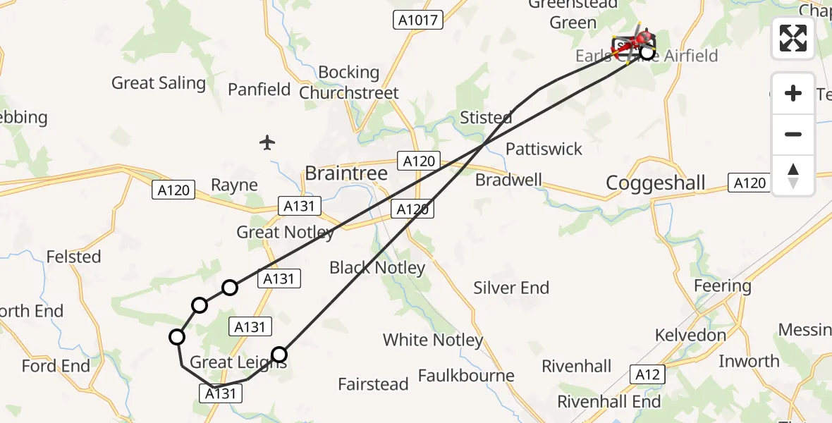 Flight route Air Ambulance Helicopter Earls Colne Airfield - Braintree, 25 May 2026, 11:25