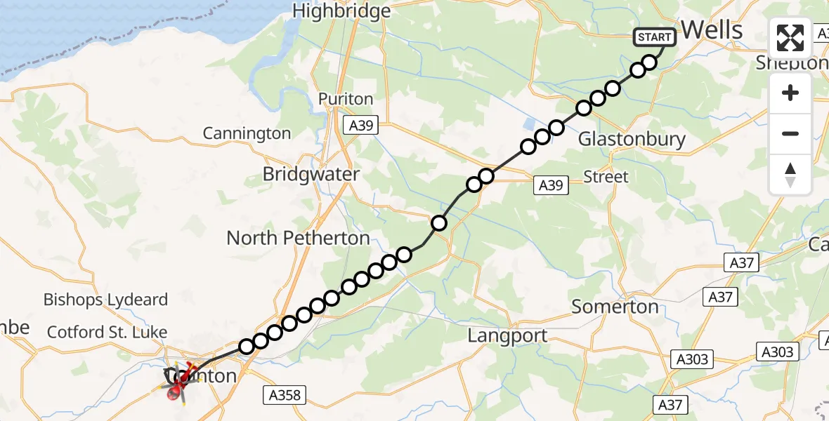 Flight route Air Ambulance Helicopter Wookey - Musgrove Hospital, 25 May 2026, 11:26