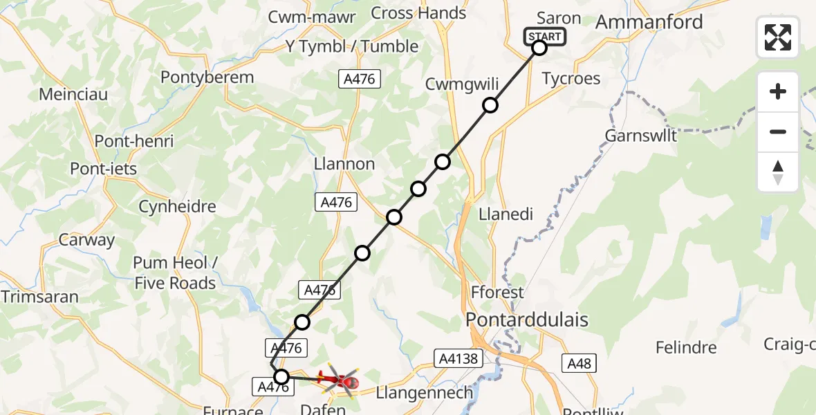 Flight route Air Ambulance Helicopter Saron - Dafen, 25 May 2026, 11:34