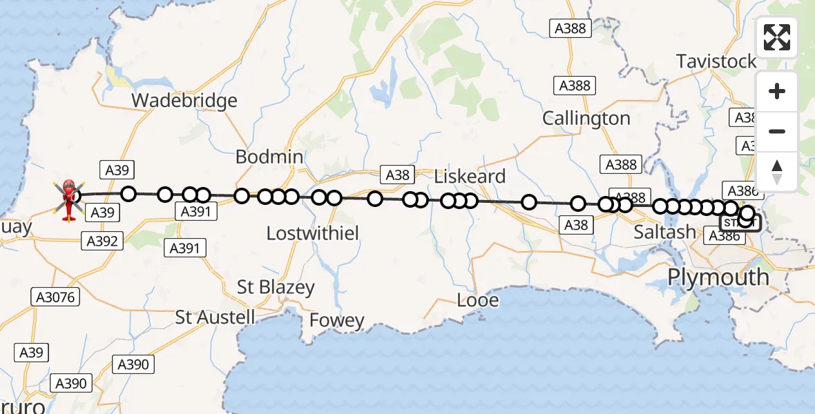 Flight route Air Ambulance Helicopter Derriford Hospital - Cornwall Airport Newquay, 25 May 2026, 11:40