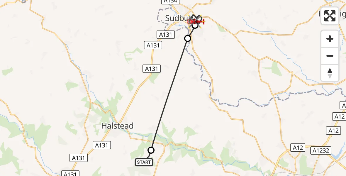Flight route Air Ambulance Helicopter Earls Colne Airfield - Sudbury, 25 May 2026, 11:43