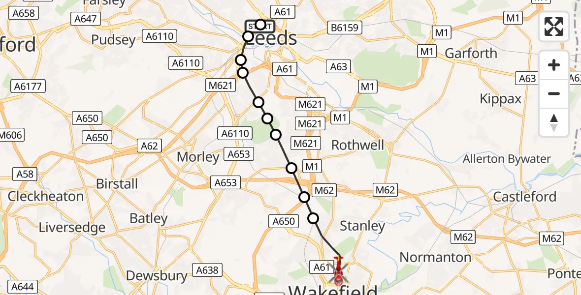 Flight route Air Ambulance Helicopter Woodhouse - Newton Hill, 25 May 2026, 11:49
