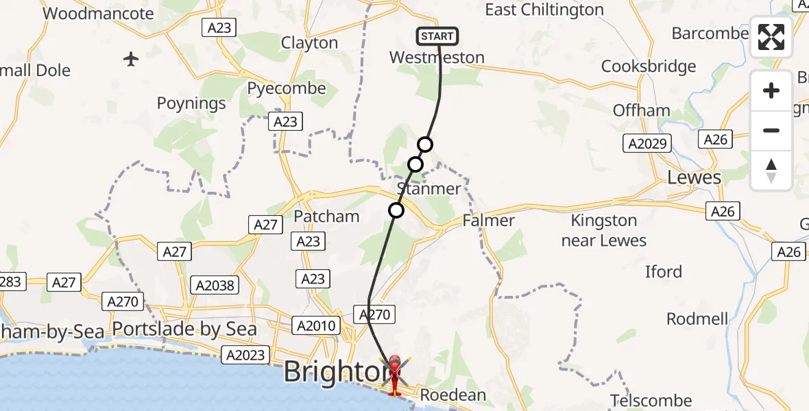 Flight route Air Ambulance Helicopter Lewes - Brighton, 25 May 2026, 11:49