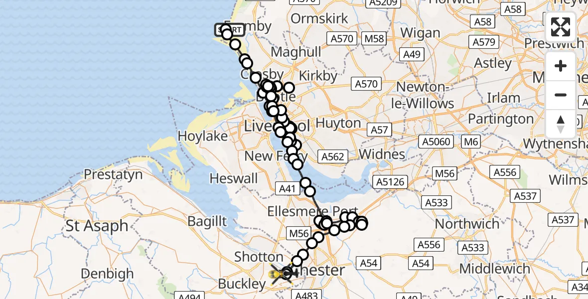 Flight route Police Helicopter Sefton - Hawarden Airport, 25 May 2026, 11:52